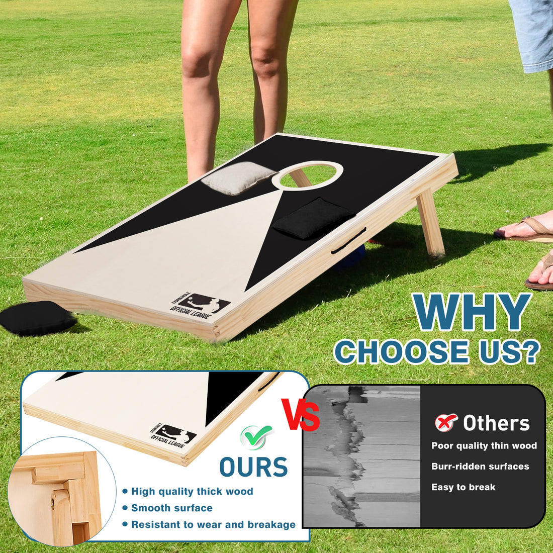 Solid Wood Premium Cornhole Set 3 Feet X 2 Feet Game Boards, Includes Set Of 8 Corn Hole Toss Bags Black White Wood