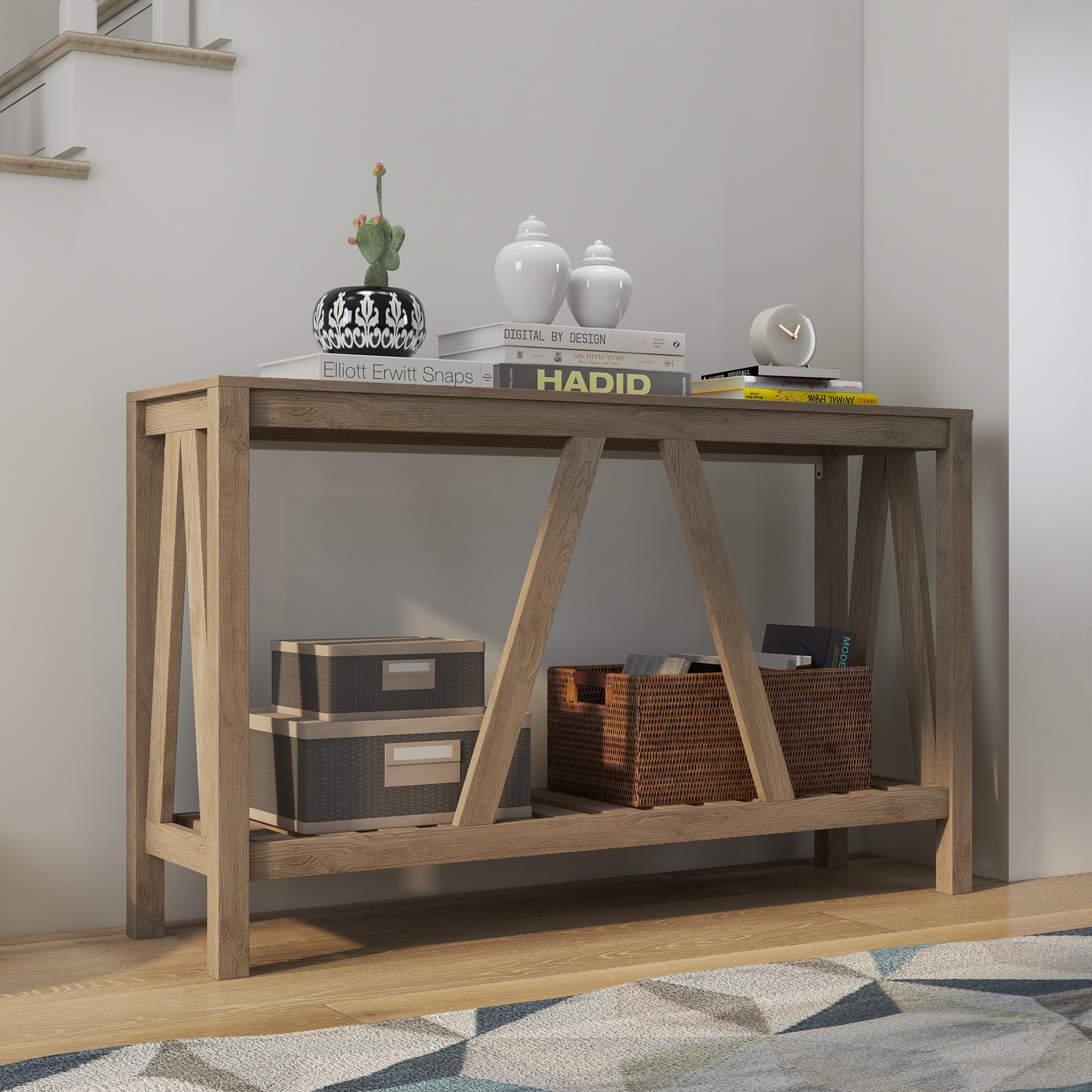 Homcom Console Table, Farmhouse Entryway Table With Storage Slatted Shelf, Rustic Sofa Table With Anti Tipper For Living Room, Hallway, Gray Gray Particle Board