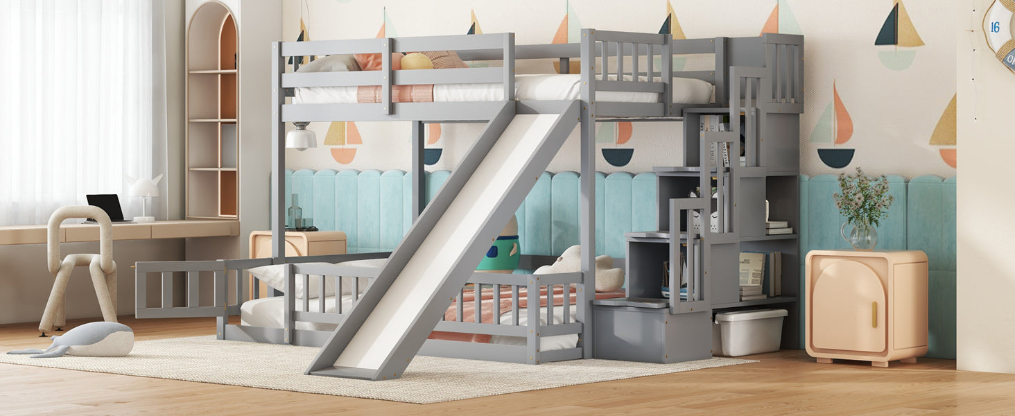 Twin Over Full Bunk Bed With Slide, Storage Staircase, Pine Solid Wooden Bunk Bed With Safety Guardrails ,Grey Grey Pine