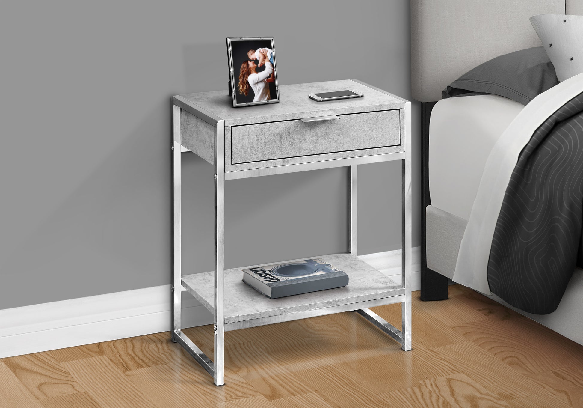 Accent Table, Side, End, Nightstand, Lamp, Storage Drawer, Living Room, Bedroom, Grey Laminate, Chrome Metal, Contemporary, Modern Grey Particle Board