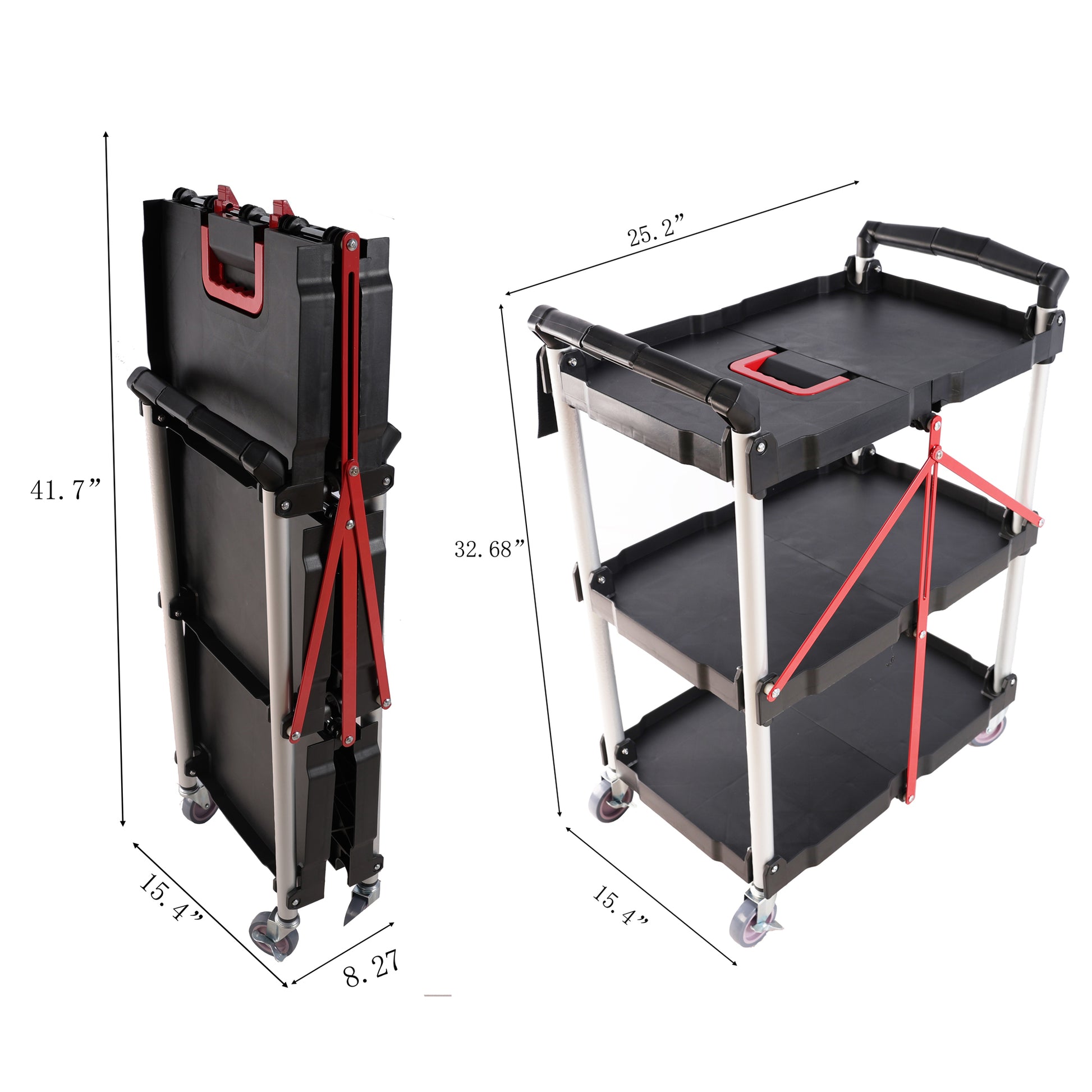 Folding Service Car With Wheels, Three Layer Practical Trolley, Folding Storage Cart, Suitable For Family, Garage, Restaurant, Hotel, Kitchen, Warehouse. No Assembly Required. Black Blue Plastic