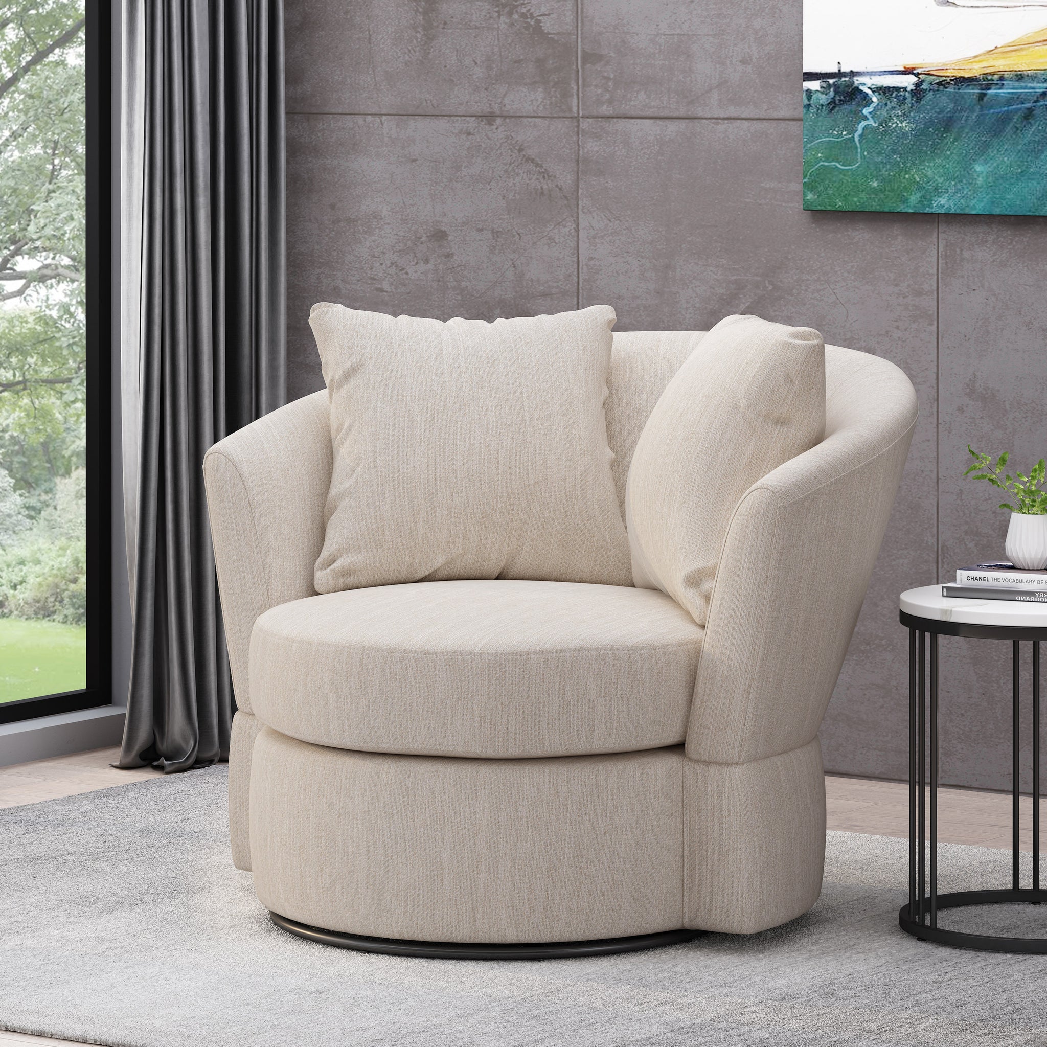 Swivel Club Chair Beige Brown Fabric