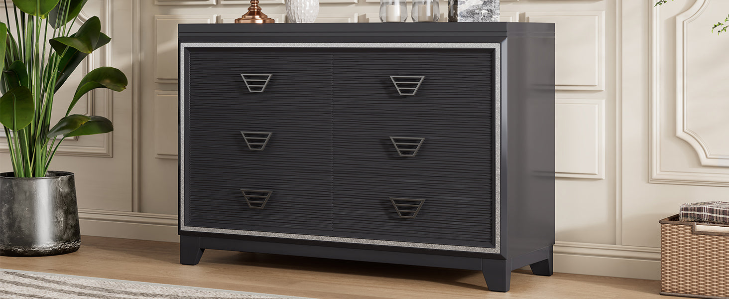 Elegant Dresser With Metal Handle And Sparkling Shiny Decoration, Storage Cabinet With 6 Drawers For Bedroom, Living Room, Black Black Mdf