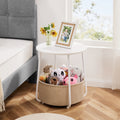 Small Round Side End Table For Living Room, Modern Nightstand Bedside Table With Fabric Basket For Bedroom Nursery, Side Table With Steel Frame White& Beige White Stainless Steel