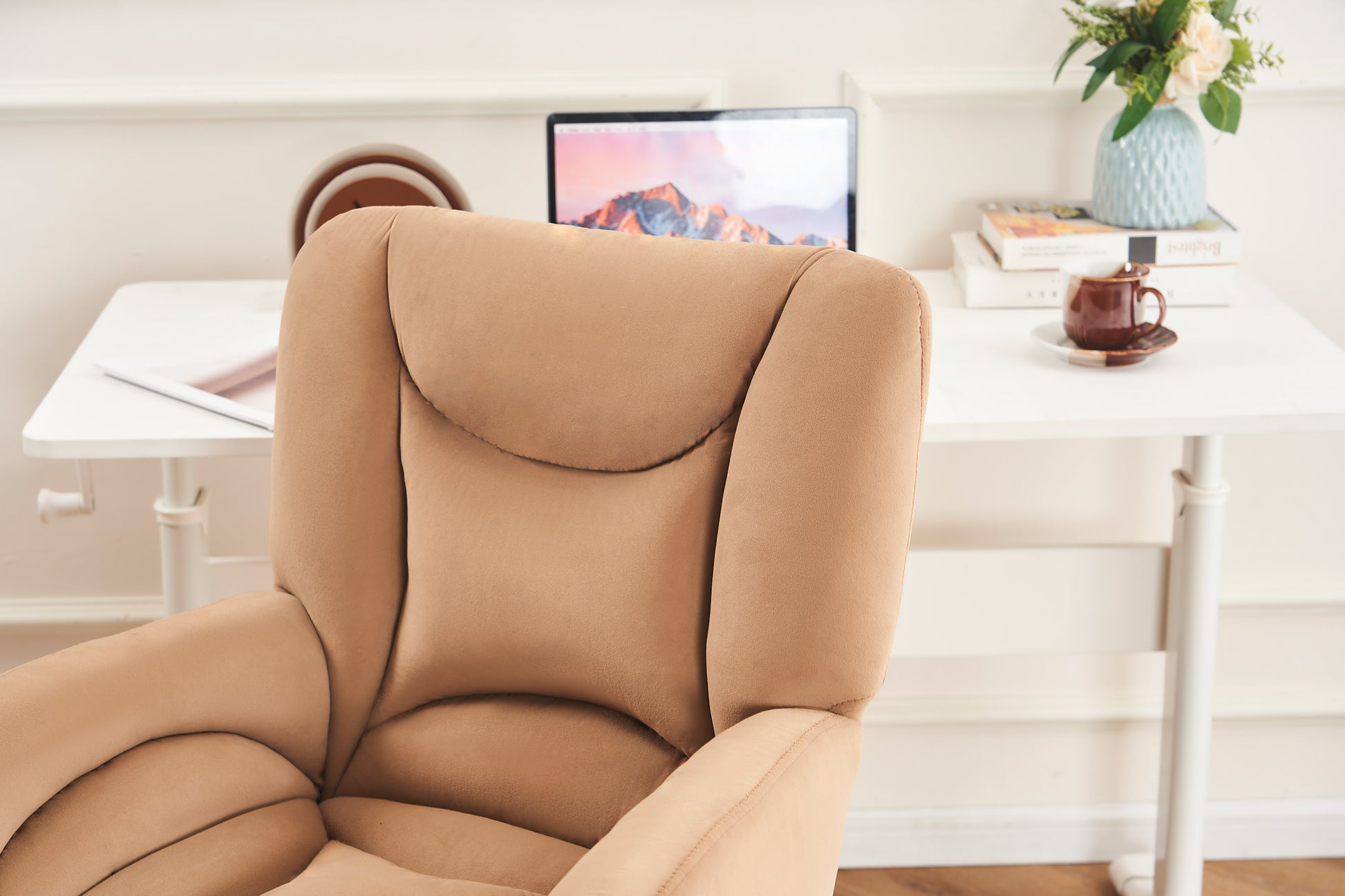 005 Velvet Fabric 360 Swivel Home Office Chair With Gold Metal Base And Universal Wheels,Coffee Solid Coffee Office Sponge Wipe Clean Modern Office Chairs Tufted Back Foam Swivel Velvet