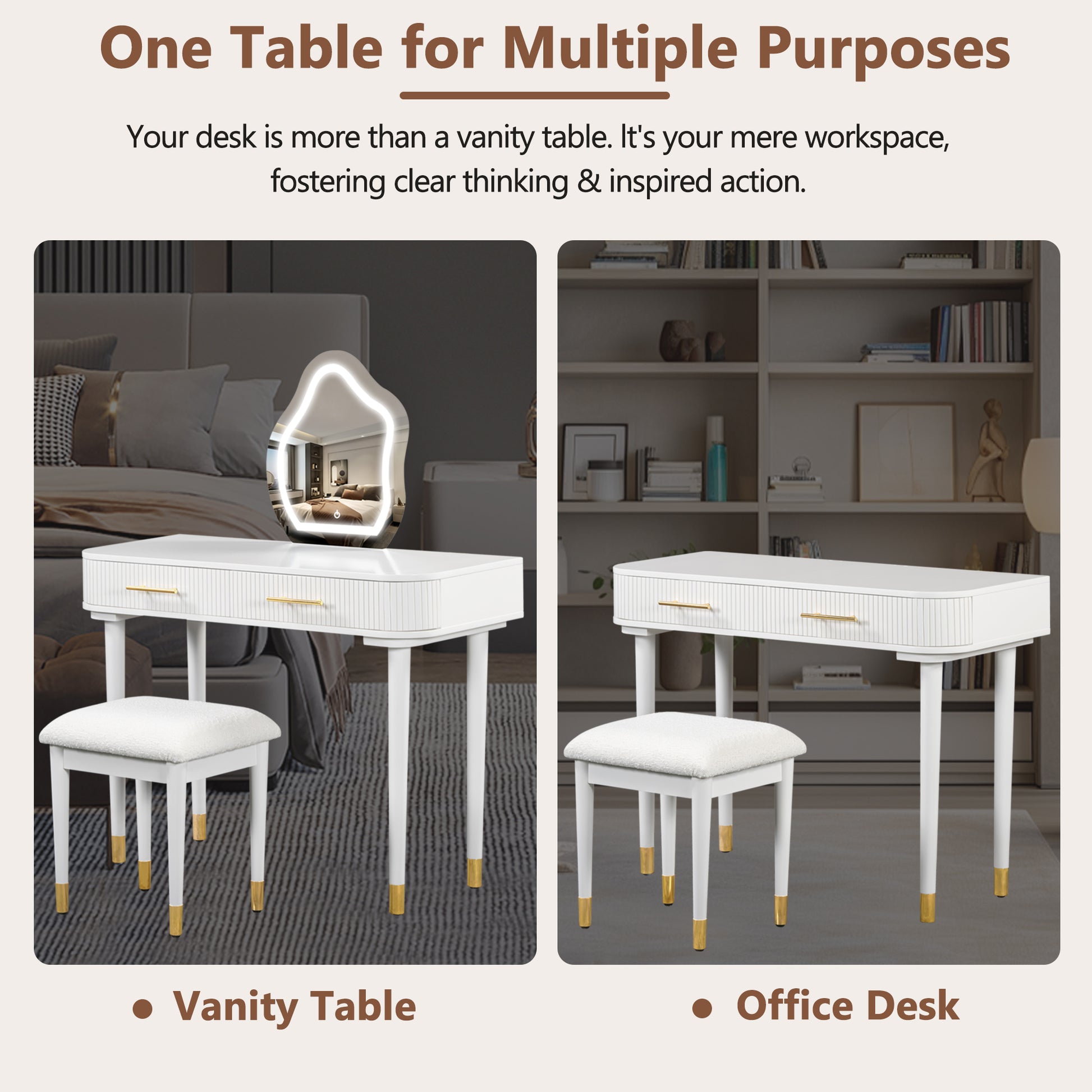 40" Modern Vanity Table Set With Mirror Touch Screen Lighted Mirror, Dressing Table And Cushioned Stool Set With 2 Large Drawers, White White 2 Drawers Rubberwood Mdf,Rubber Wood,Tempered Glass