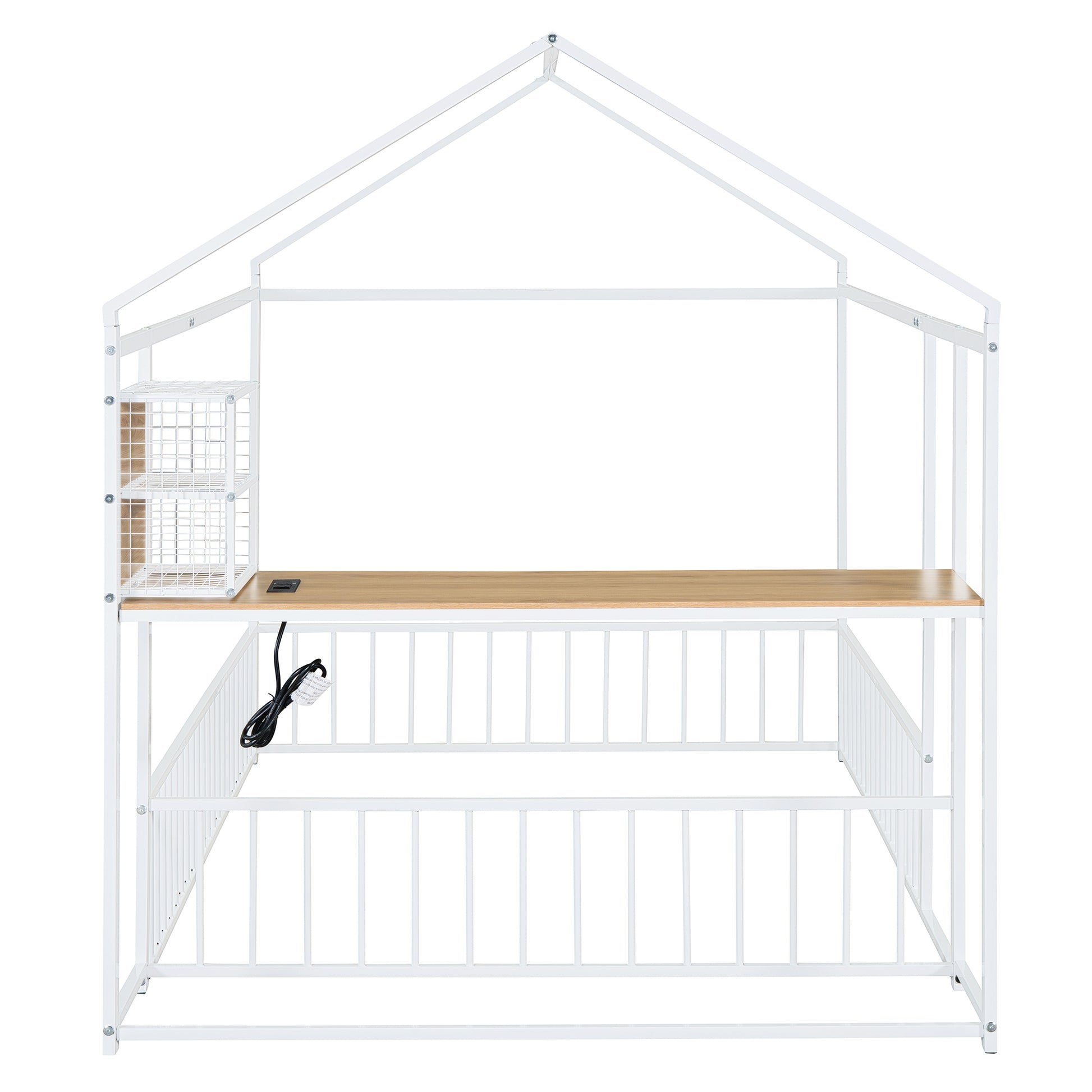 Full Size Metal Bed House Bed Frame With Desk, Shelves, Power Outlets And Usb Ports, White Full White Metal