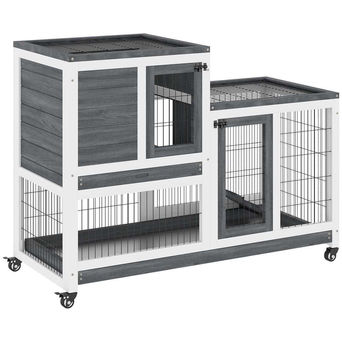 Pawhut Wooden Rabbit Hutch Elevated Bunny Cage Indoor Small Animal Habitat With Enclosed Run With Wheels, Ramp, Removable Tray Ideal For Guinea Pigs, Grey Grey White Wood