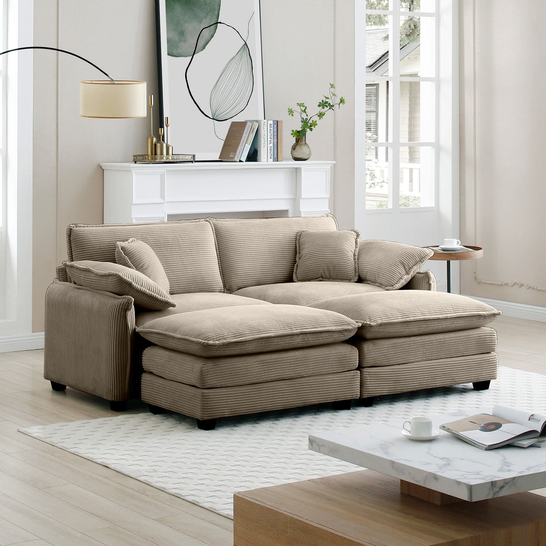 Two Seater Theater Sofa With 2 Footrest, 2 Seater Sofa With Ottoman For Small Living Spaces,Tan Corduroy Tan Corduroy 2 Seat