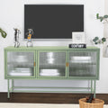 Retro Style Entertainment Center Tv Console Tv Stand With Enclosed Storage Display Cupboard Stylish Fluted Glass Tv Table With Wide Countertop Glass Doors Detachable Shelves Old Sku:W68751722 Mint Green Steel