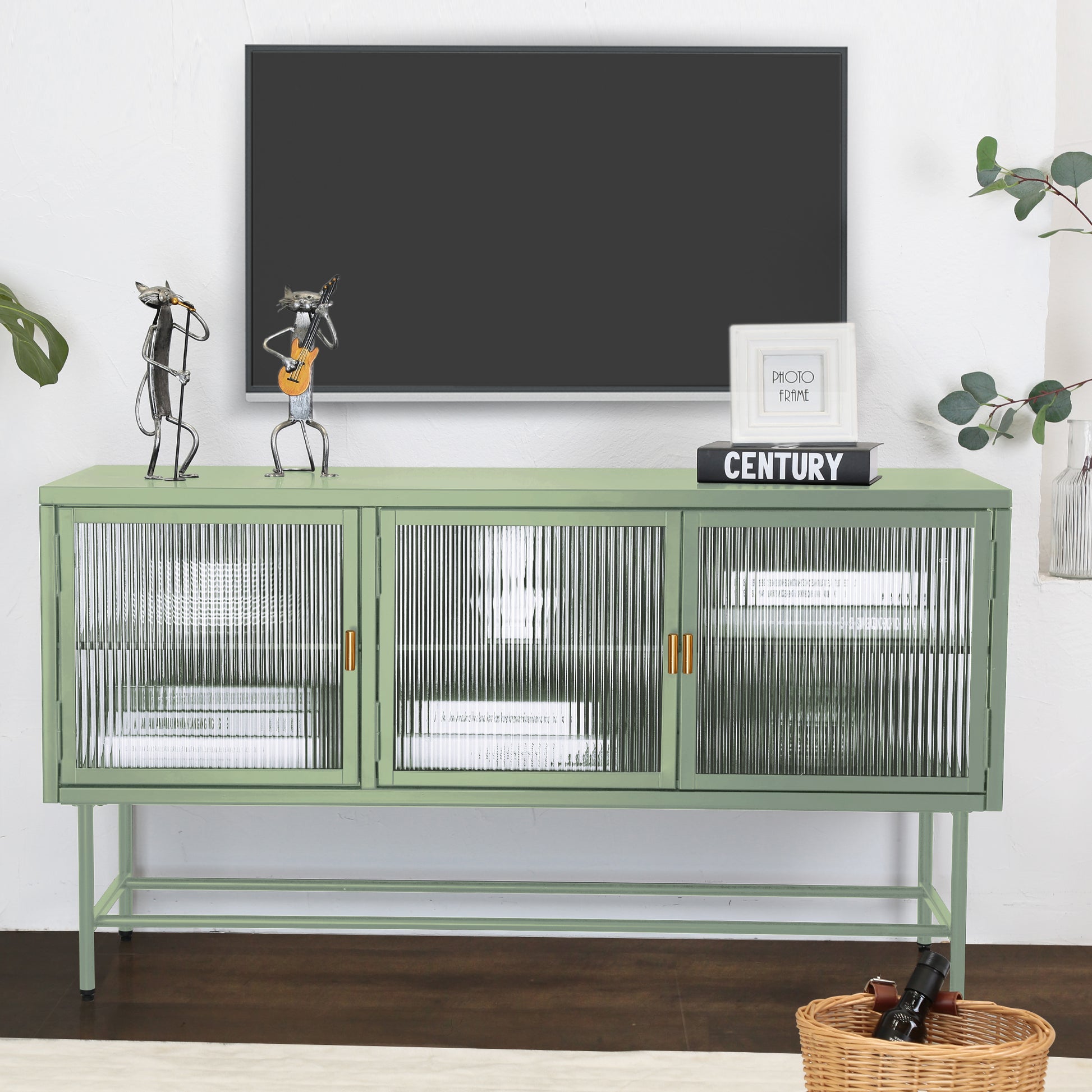 Retro Style Entertainment Center Tv Console Tv Stand With Enclosed Storage Display Cupboard Stylish Fluted Glass Tv Table With Wide Countertop Glass Doors Detachable Shelves Old Sku:W68751722 Mint Green Steel