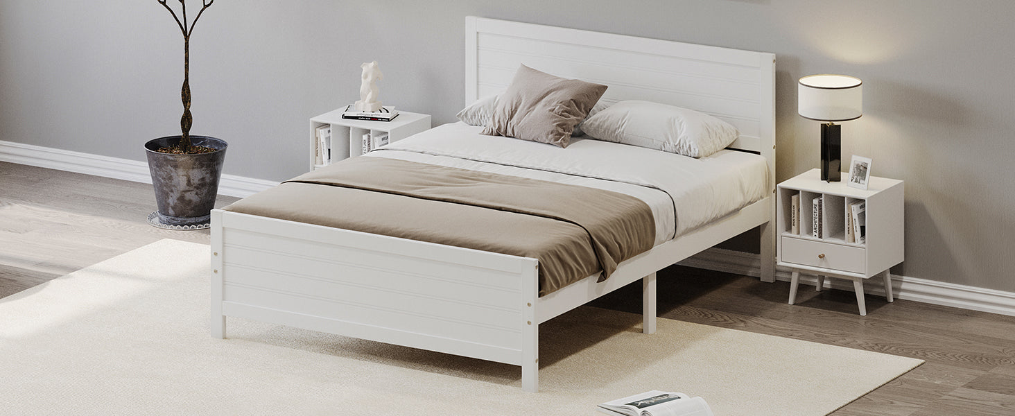 Wood Platform Bed Frame With Headboard, Mattress Foundation With Wood Slat Support, No Box Spring Needed, Queen Size, White Box Spring Not Required Queen White Wood Solid Wood Mdf