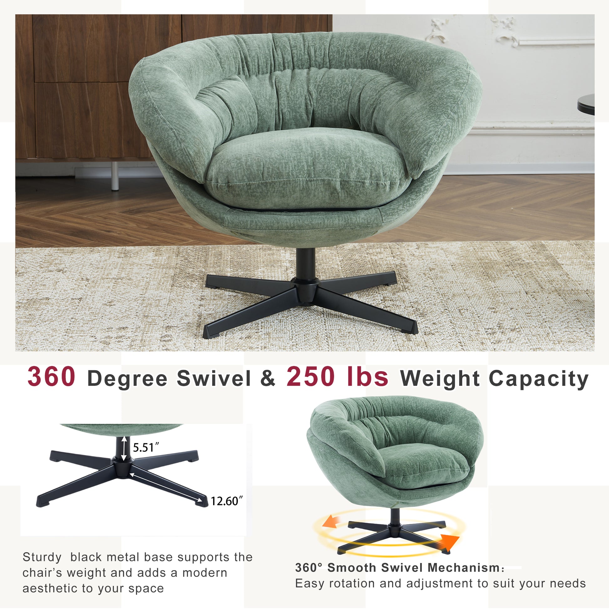 Comfy Chenille Upholstered 360 Swivel Club Chair Accent Chair With Removable Cushion, Round Office Chair With Black Metal Base, Cotton Material, Living Room, Bedroom, Reading Corner, Office Green