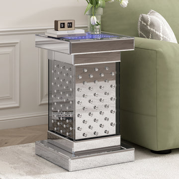 11.8'' Silver Square Mirrored End Table With Led Lights, Modern Side Table With Crystal Inlay For Living Room, No Assembly Required Silver Mirrored Finish Luxury,Modern Square Mdf Glass