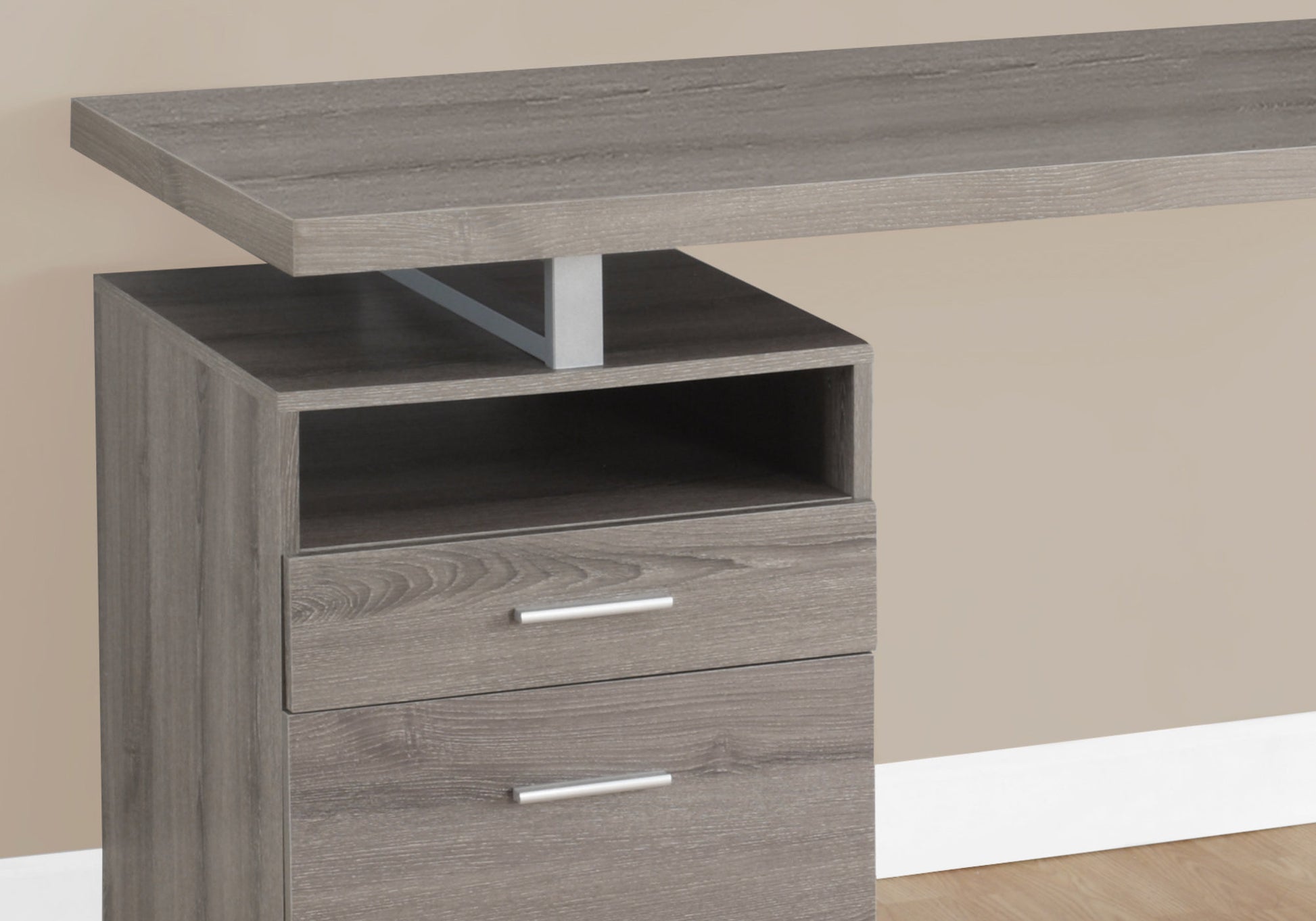 Computer Desk, Home Office, Laptop, Left, Right Set Up, Storage Drawers, 60"L, Work, Brown Laminate, Grey Metal, Contemporary, Modern Taupe Particle Board