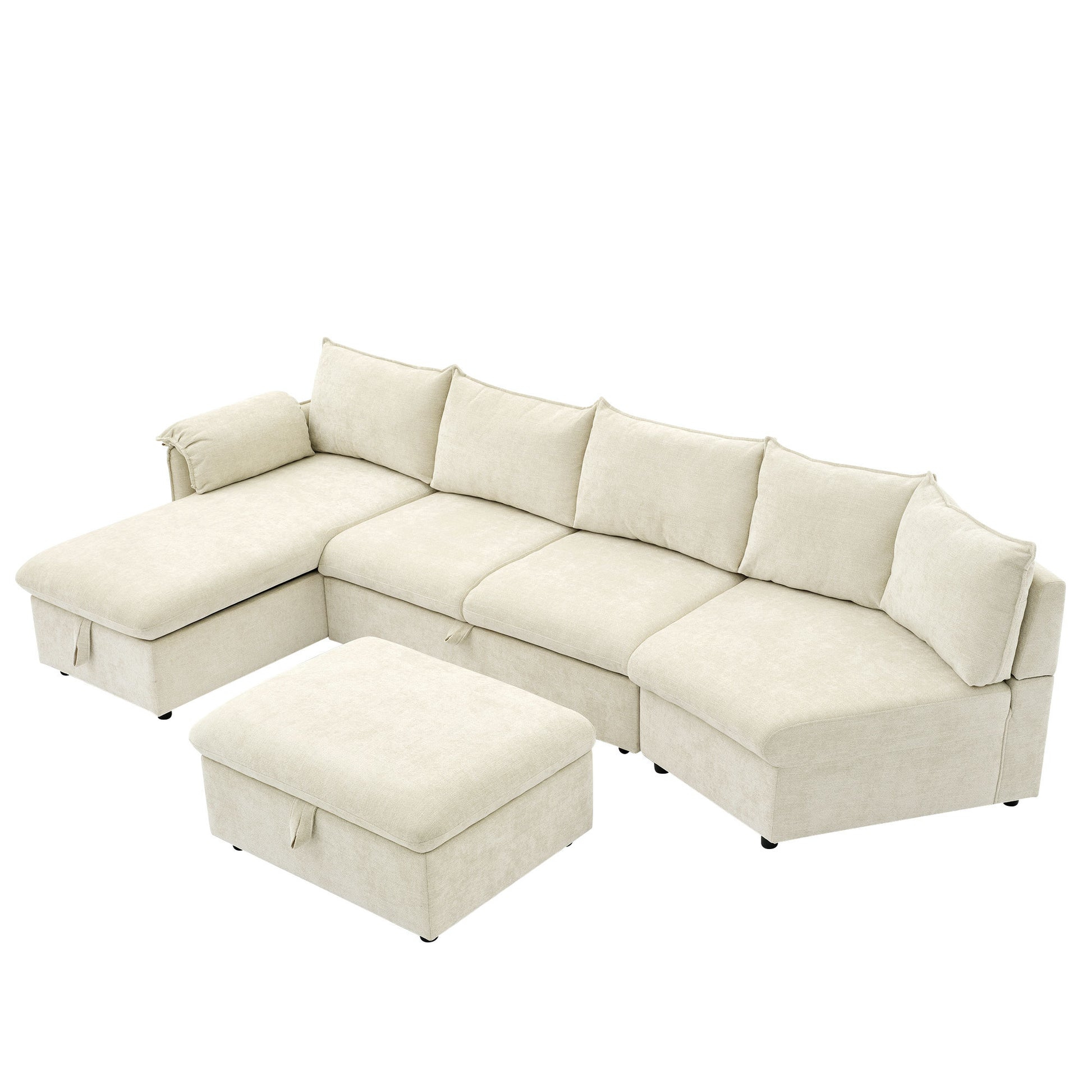 146.9" L Shaped Sofa Sectional Sofa Couch Pull Out Sofa Bed With A Movable Storage Ottoman, A Storage Chaise Lounge And Two Usb Ports For Living Room, Beige Beige Foam Linen 5 Seat