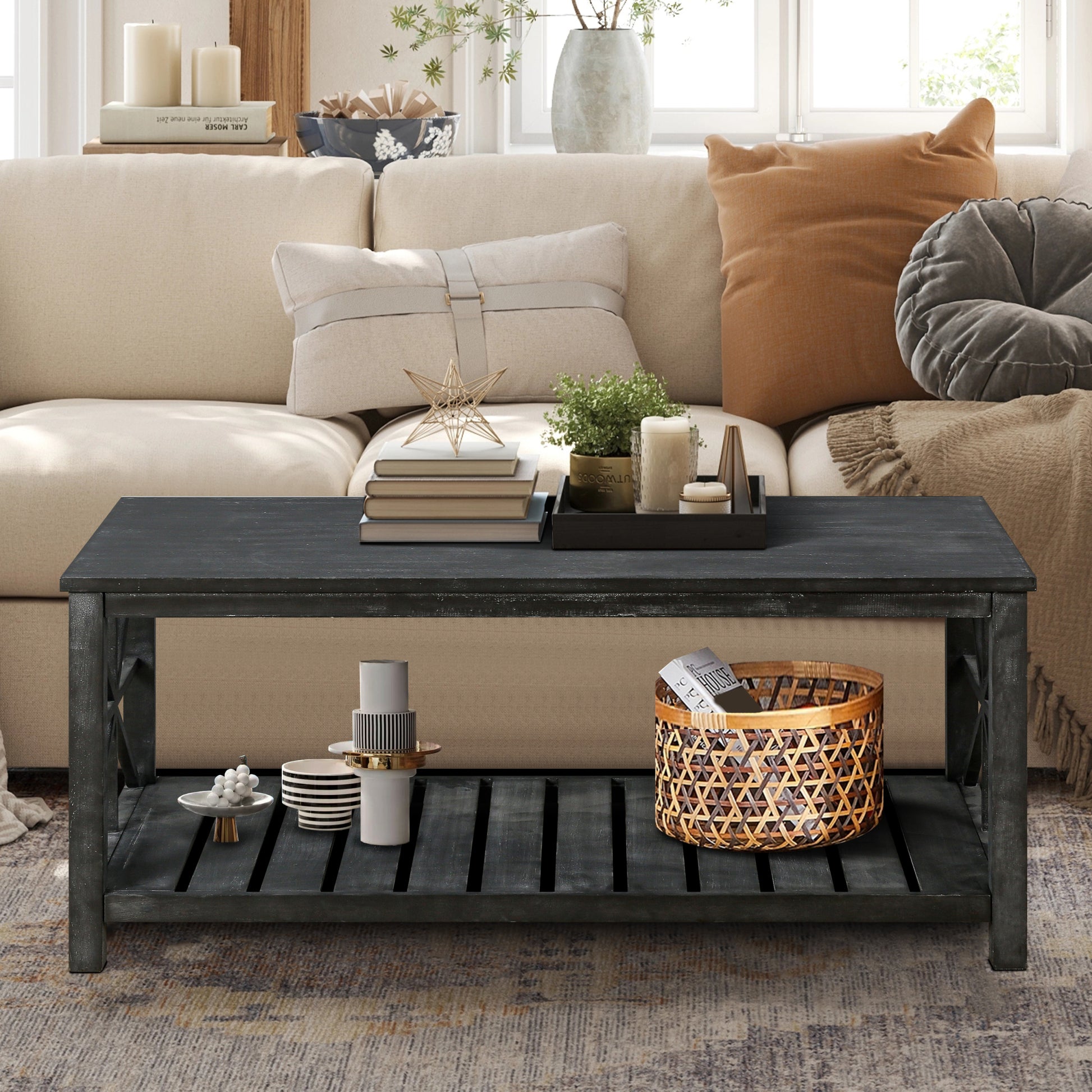 52''W Handcrafted Coffee Table In Front Of The Sofa Or Loveseat For Living Room Antique Black Color Antique Black Ergonomic Primary Living Space American Design Floor Mount Open Storage Coffee & End Tables Rectangular Solid Wood Mdf Mdf