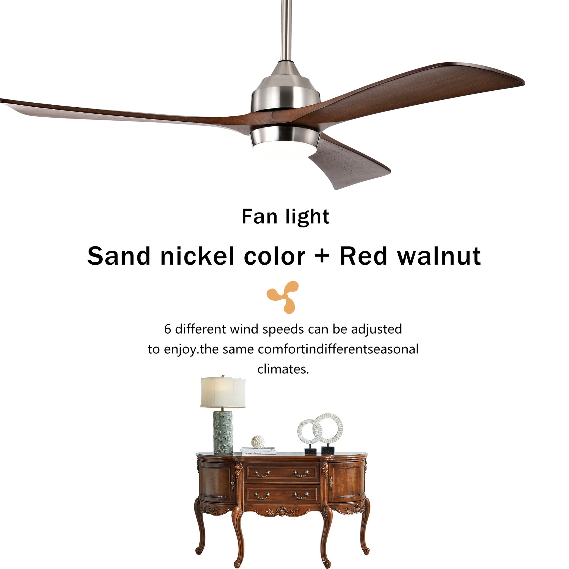 52" Ceiling Fan With Lights Remote Control,Quiet Dc Motor 3 Wood Blade Ceiling Fans 6 Speed Levels,Reversible Ceiling Fan, For Patio Living Room, Bedroom, Office,Indoor. Stain Nickel Walnut Nickel Contemporary,Farmhouse,Industrial Wood Iron