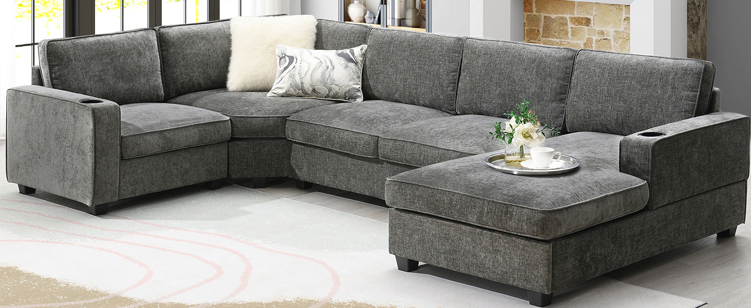 119*67" U Shaped Sectional Sofa,6 Seat Chenille Couch Set With Oversized Chaise Lounge,Irregular Corner,Deep Seat Comfy Sofa With Cup Holders For Living Room,Apartment,2 Colors Dark Gray Chenille 6