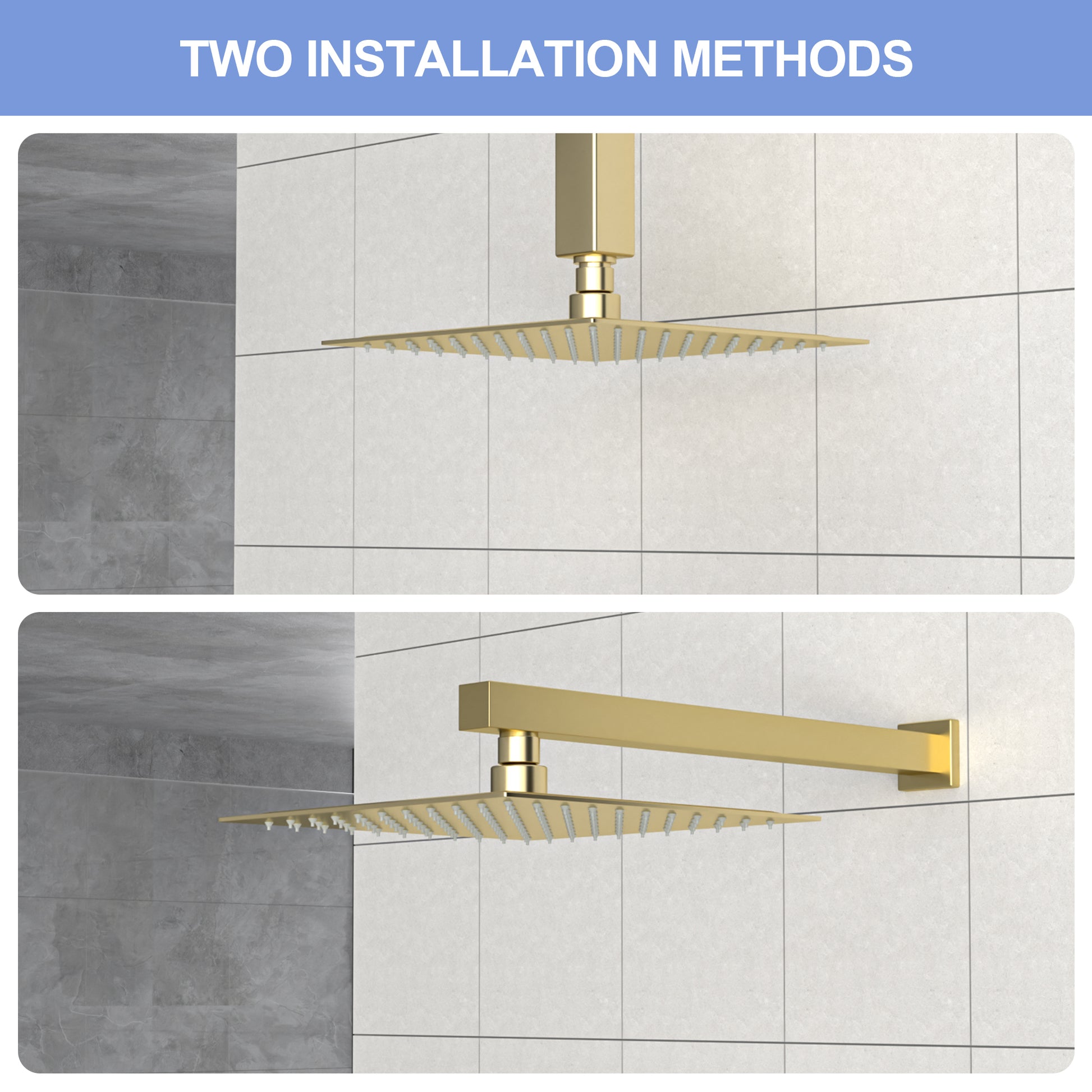 8" Square Rainfall Shower Head, Wall Ceiling Mounted, Gold Gold Stainless Steel