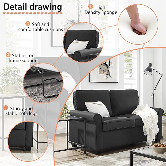 Love Seat Sofa Sleeper With Memory Foam Mattress Rolled Arms,Linen Polyester Fabric,Wood And Metal Frame,Plastic Legs Sofa Bed Sofa Bed, Black Twin Black Polyester