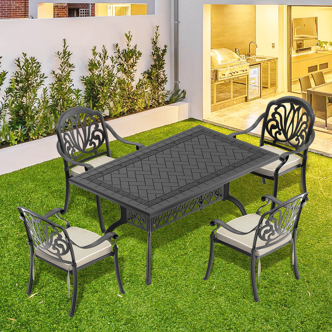 Cushions In Random Colors 5 Piece Set Of Cast Aluminum Patio Furniture With Cushions Yes Complete Patio Set Black Seats 4 Rust Resistant Frame Water Resistant Cushion Garden & Outdoor Complete Patio Sets Aluminium