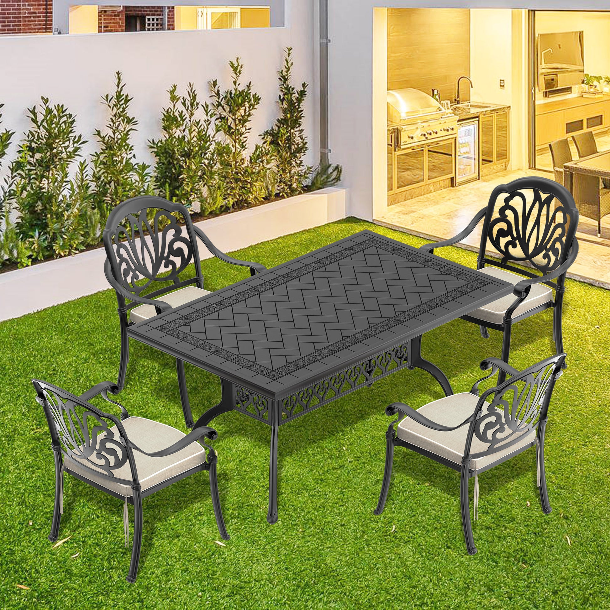 Cushions In Random Colors 5 Piece Set Of Cast Aluminum Patio Furniture With Cushions Yes Complete Patio Set Black Seats 4 Rust Resistant Frame Water Resistant Cushion Garden & Outdoor Complete Patio Sets Aluminium