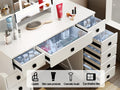 Farmhouse Vanity Desk With Sliding Mirror,Lights And Charging Station,Makeup Table Desk With Dimmable Led Light,Vanity Makeup Table With Sponge Soft Stool,White Brown Finish White Drawer 5 Drawers &