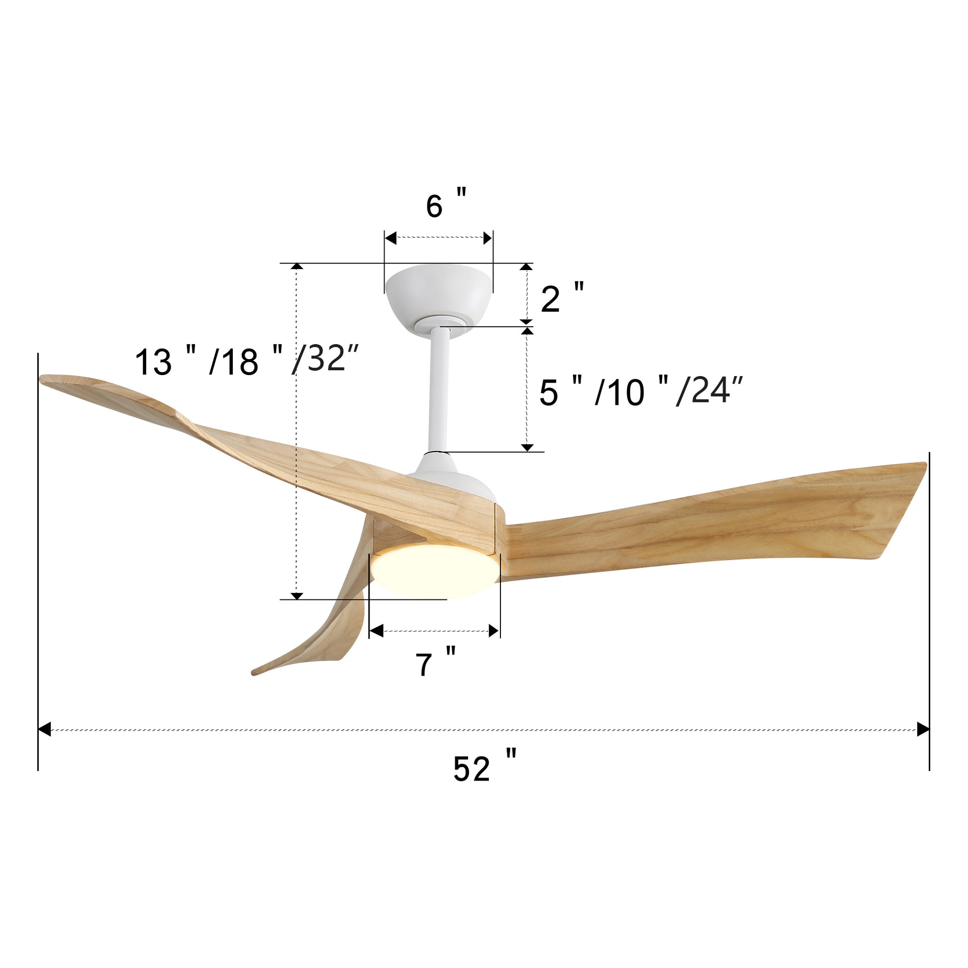 52 Inch Minimalist Ceiling Fan Light With 6 Speed Remote Energy Saving Dc Motor Matte White Metal & Wood