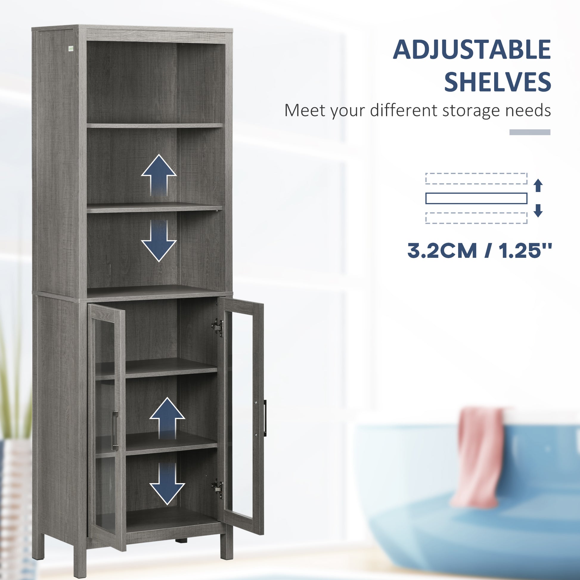 Kleankin Tall Bathroom Storage Cabinet With 3 Tier Shelf, Glass Door Cabinet, Freestanding Linen Tower With Adjustable Shelves, Grey Wood Grain Gray Particle Board