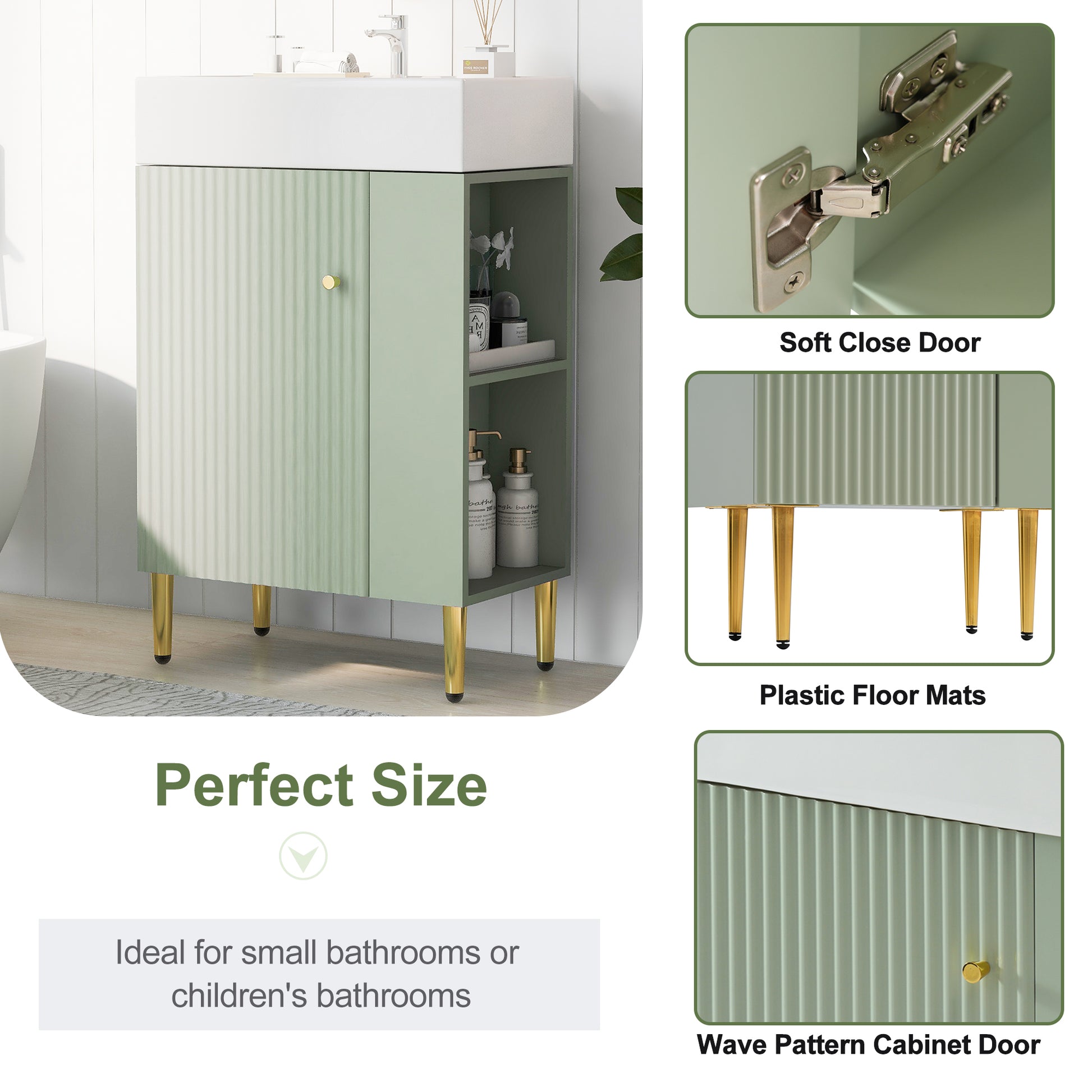 21.6" Green Bathroom Vanity, Combo Cabinet, Bathroom Storage Cabinet, Single Ceramic Sink, Right Side Storage Green Bathroom Ceramic Mdf