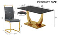 Table And Chair Set.Modern Rectangular Dining Table With Black Textured Stickers Glass Tabletop And Gold Plated Metal Legs.Paried With 6 Comfortable Chairs With Pu Seats And Golden Metal Legs. Dark Gray,Gold Seats 6 Glass Metal