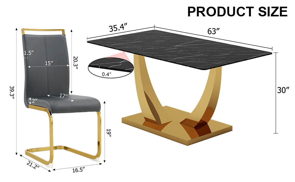 Table And Chair Set.Modern Rectangular Dining Table With Black Textured Stickers Glass Tabletop And Gold Plated Metal Legs.Paried With 6 Comfortable Chairs With Pu Seats And Golden Metal Legs. Dark Gray,Gold Seats 6 Glass Metal