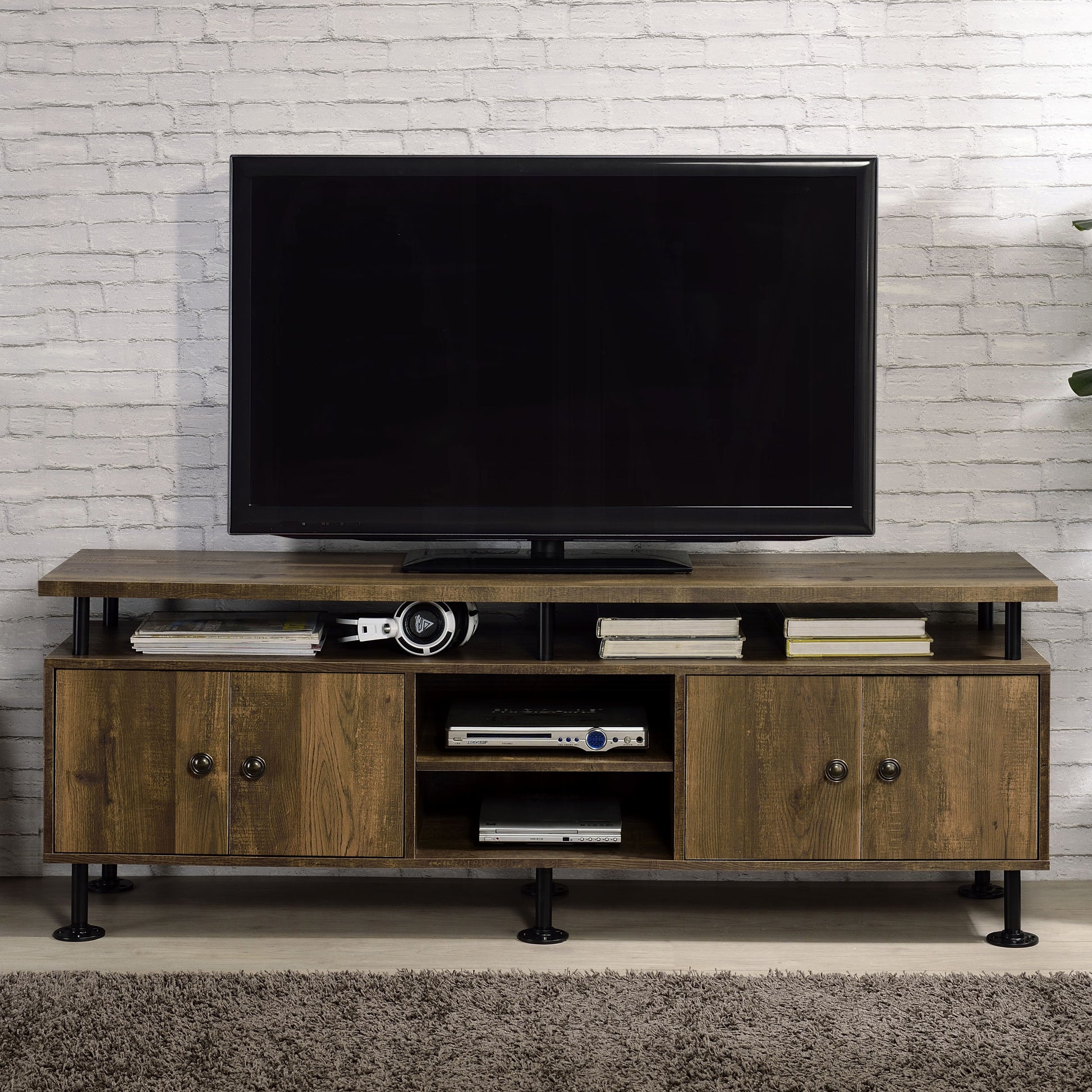 Rustic Oak And Black 2 Shelf Tv Stand Black,Rustic Primary Living Space 60 Inches 60 69 Inches Industrial Wood Metal