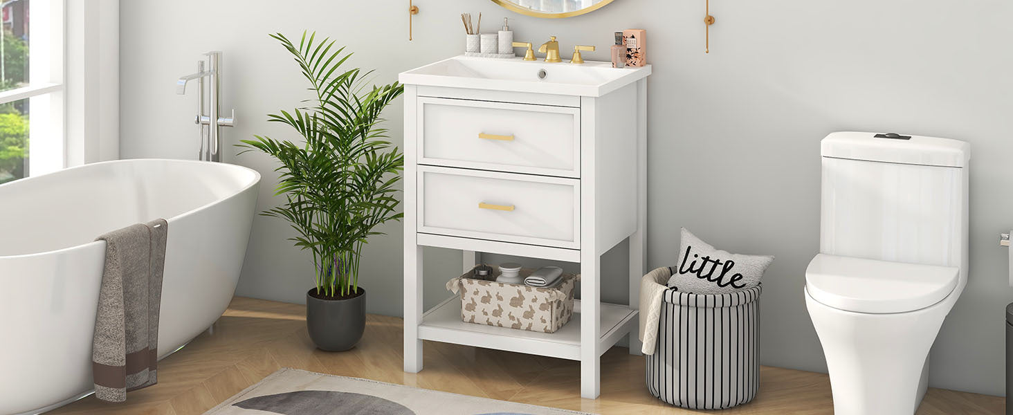 24'' Bathroom Vanity With Top Sink, Modern Bathroom Storage Cabinet With 2 Drawers, Single Sink Bathroom Vanity 2 White 1 Adjustable Hinges Bathroom Freestanding Mdf Painted