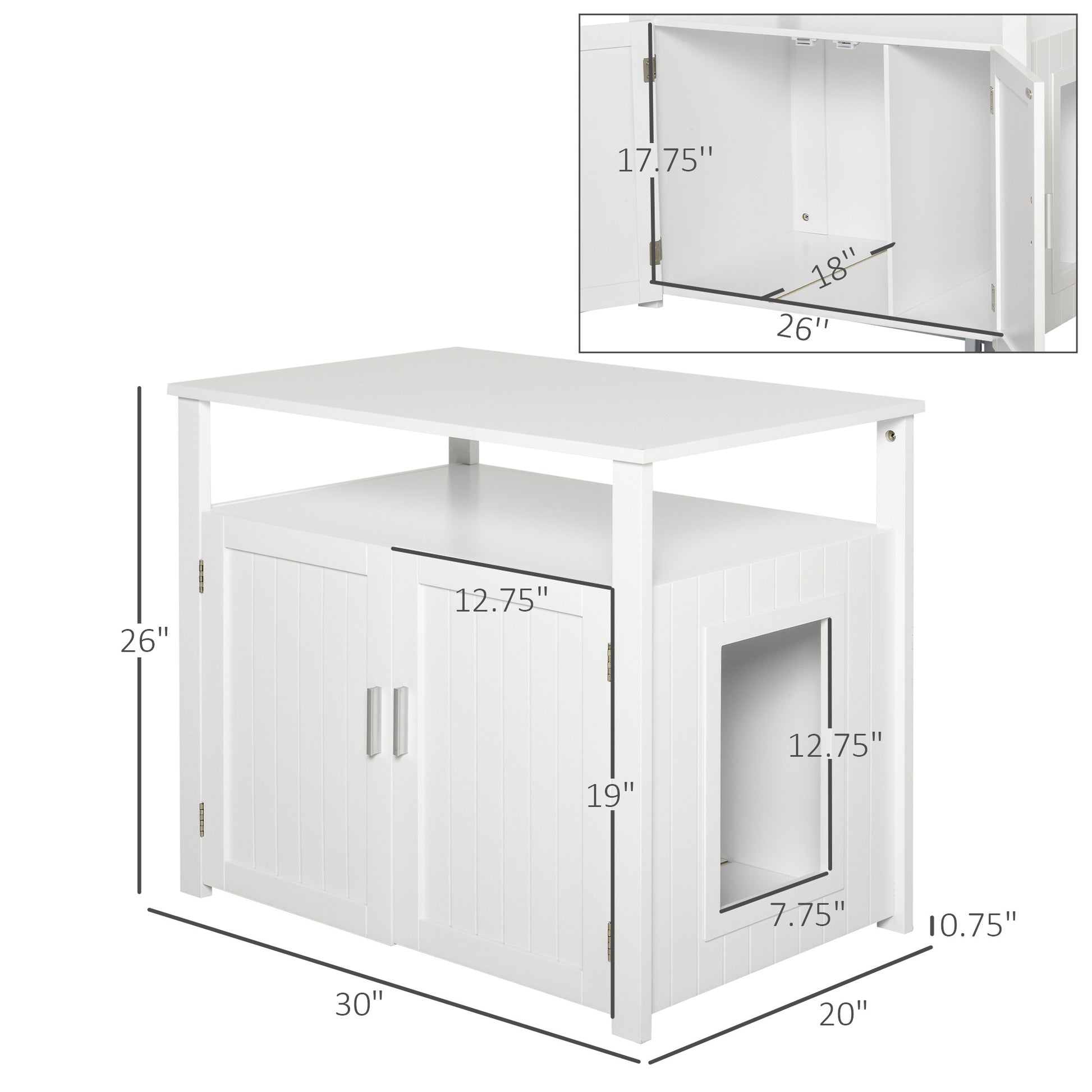 Pawhut Wooden Cat Litter Box Enclosure Furniture With Adjustable Partition, Cat Washroom End Table With Open Shelf, White White Mdf