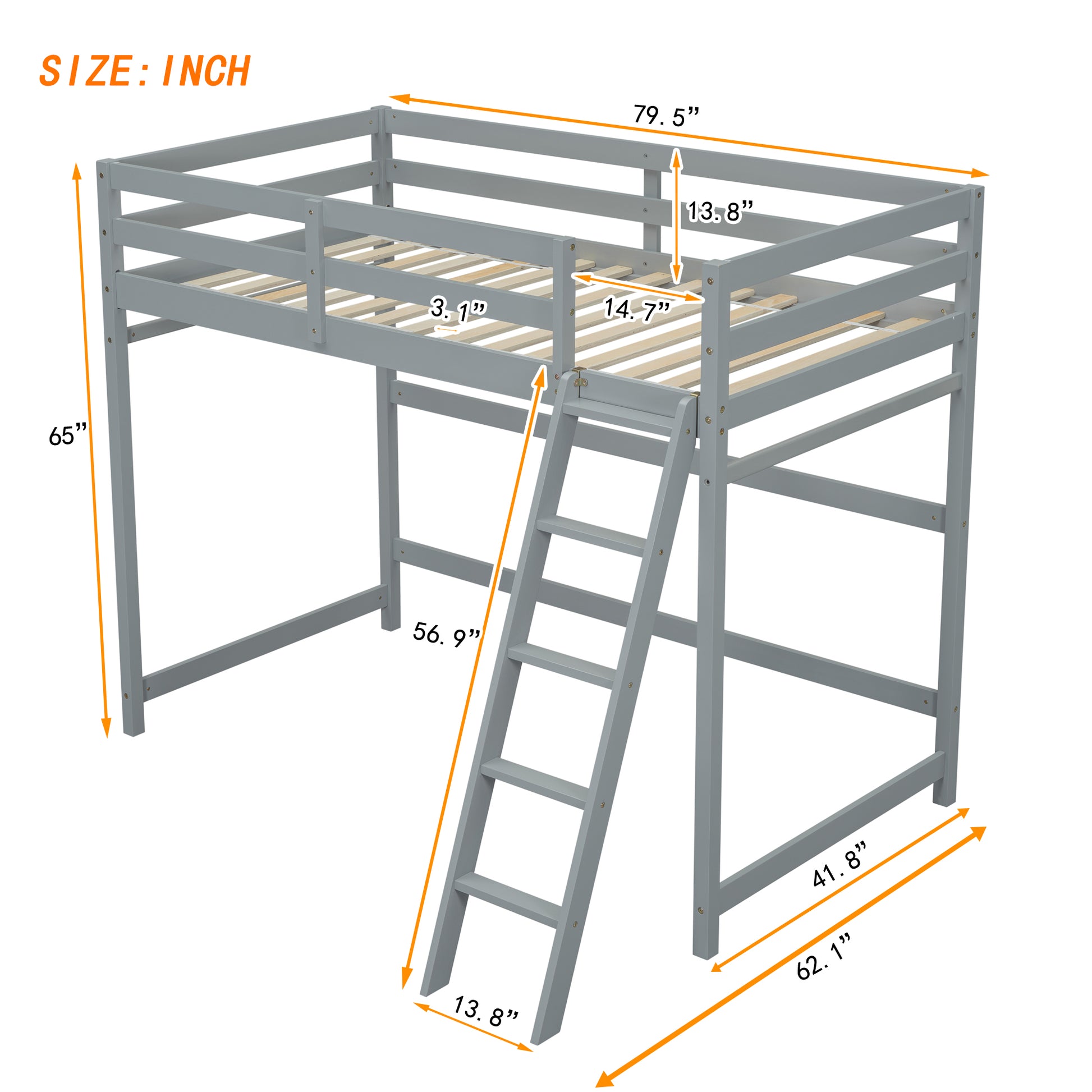 Twin Size High Loft Bed With Inclined Ladder, Guardrails,Grey Twin Grey American Design Pine