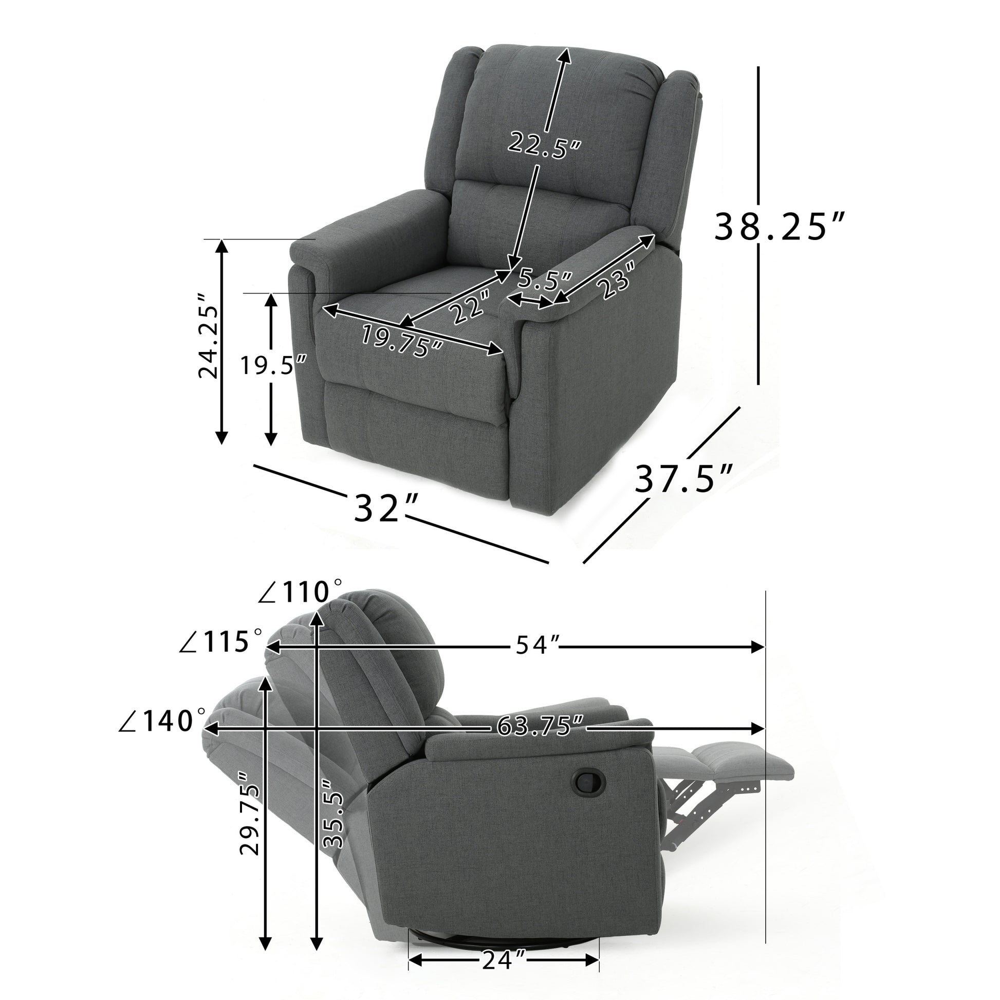 Charcoal Fabric Glider Recliner With Swivel, Manual Reclining Chair Charcoal Fabric