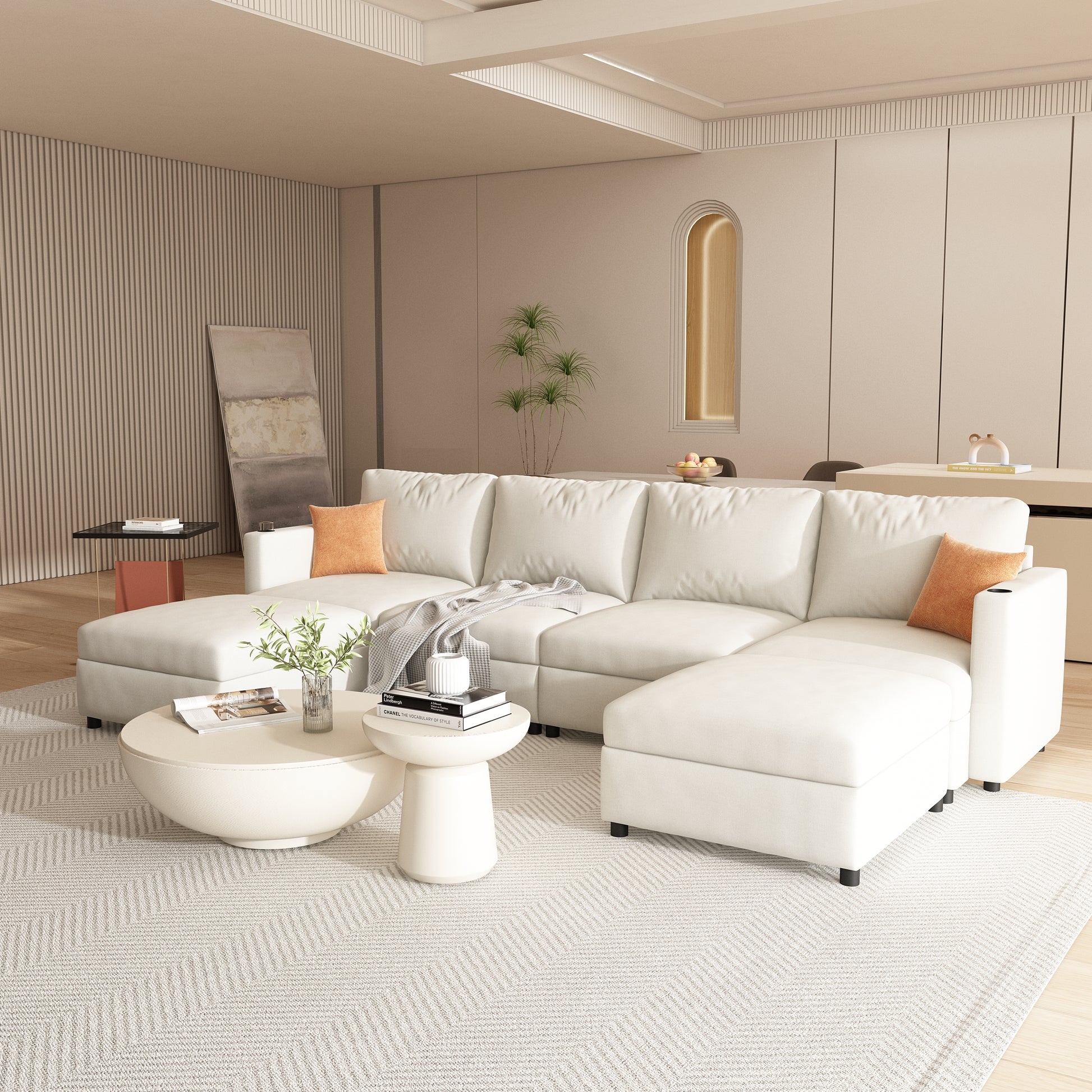 Modern Large Sectional Sofa, U Shape Modular Sectional Couch With Storage Function,123" Sofa Bed With Ottoman,6 Seat Sectionals Chaise For Living Room,Chenille Antique White Fabric 6 Seat