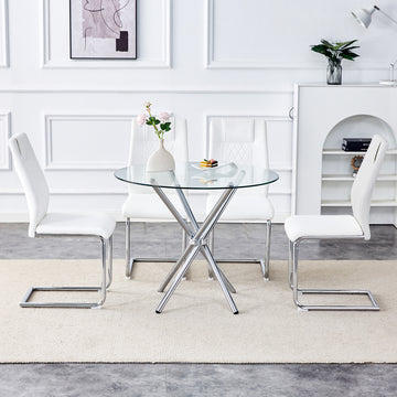 Table And Chair Set.36.6"Round Clear Glass Dining Table With A Unique Shape With Ring Shaped Gathered Silver Metal Legs.Paired With 4 White High Quality Pu Dining Chairs With Silver Metal Legs.