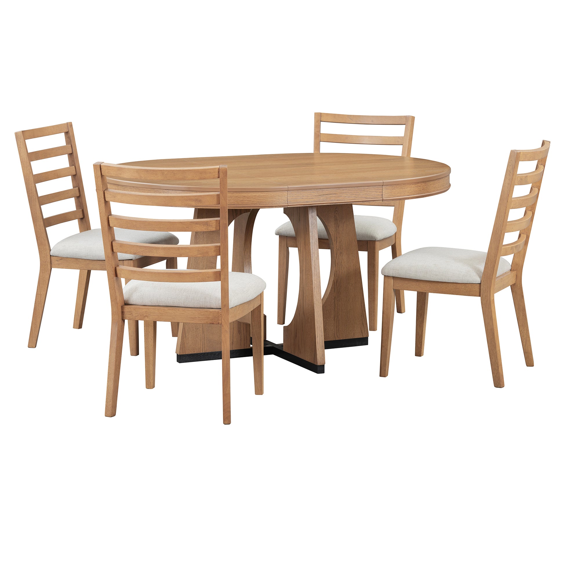 5 Piece Retro Rustic Functional Dining Set Unique Geometric Design, 1 Extendable Table With A 16 Inch Leaf And 4 Upholstered Chairs Ideal For Dining Room And Kitchen Natural Natural Solid Wood Mdf