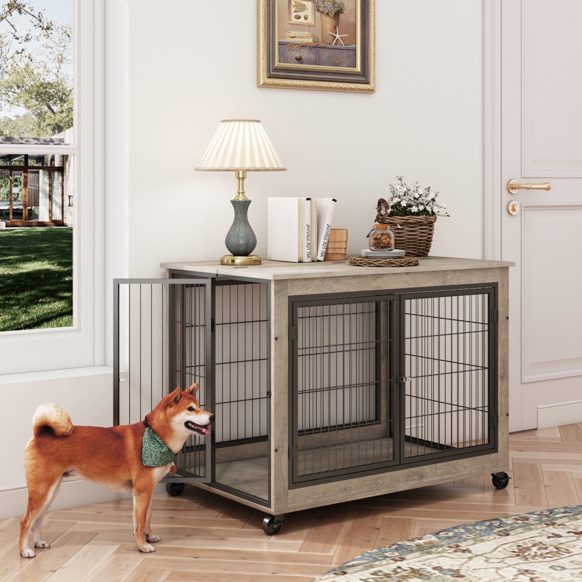 Furniture Style Dog Crate Side Table On Wheels With Double Doors And Lift Top.Grey,38.58''W X 25.5''D X 27.36''H. Grey Particle Board