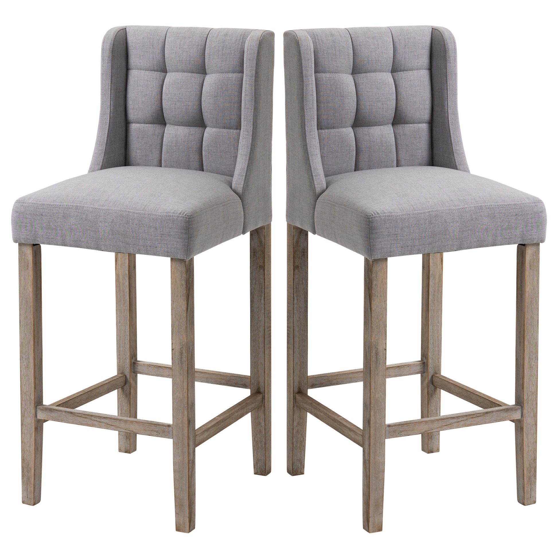 Homcom Modern Bar Stools, Tufted Upholstered Barstools, Pub Chairs With Back, Rubber Wood Legs For Kitchen, Dinning Room, Set Of 2, Grey Grey Rubber Wood