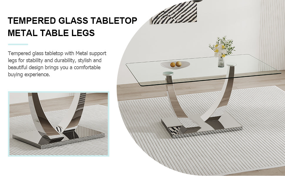 Table And Chair Set. Large Modern Rectangular Table With Glass Top And Silver Metal Legs. Furnished With Soft And Comfortable Pu Chairs With Faux Leather Upholstered Seats And Silver Metal Legs. Black Silver Seats 8 Glass Metal