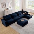 Big Deep Seat U Shaped Corduroy Sectional Couches For Living Room, 4 Seater Sofa Couch With 2 Storage Footstool And 4 Waist Pillows Corduroy, Blue Blue Corduroy 4 Seat