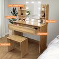 Vanity Desk Set Stool & Dressing Table With Led Lighting Mirror Drawer And Compartments Modern Wood Cosmetic Table Chest Of Drawers Nature Color Natural Wood Particle Board