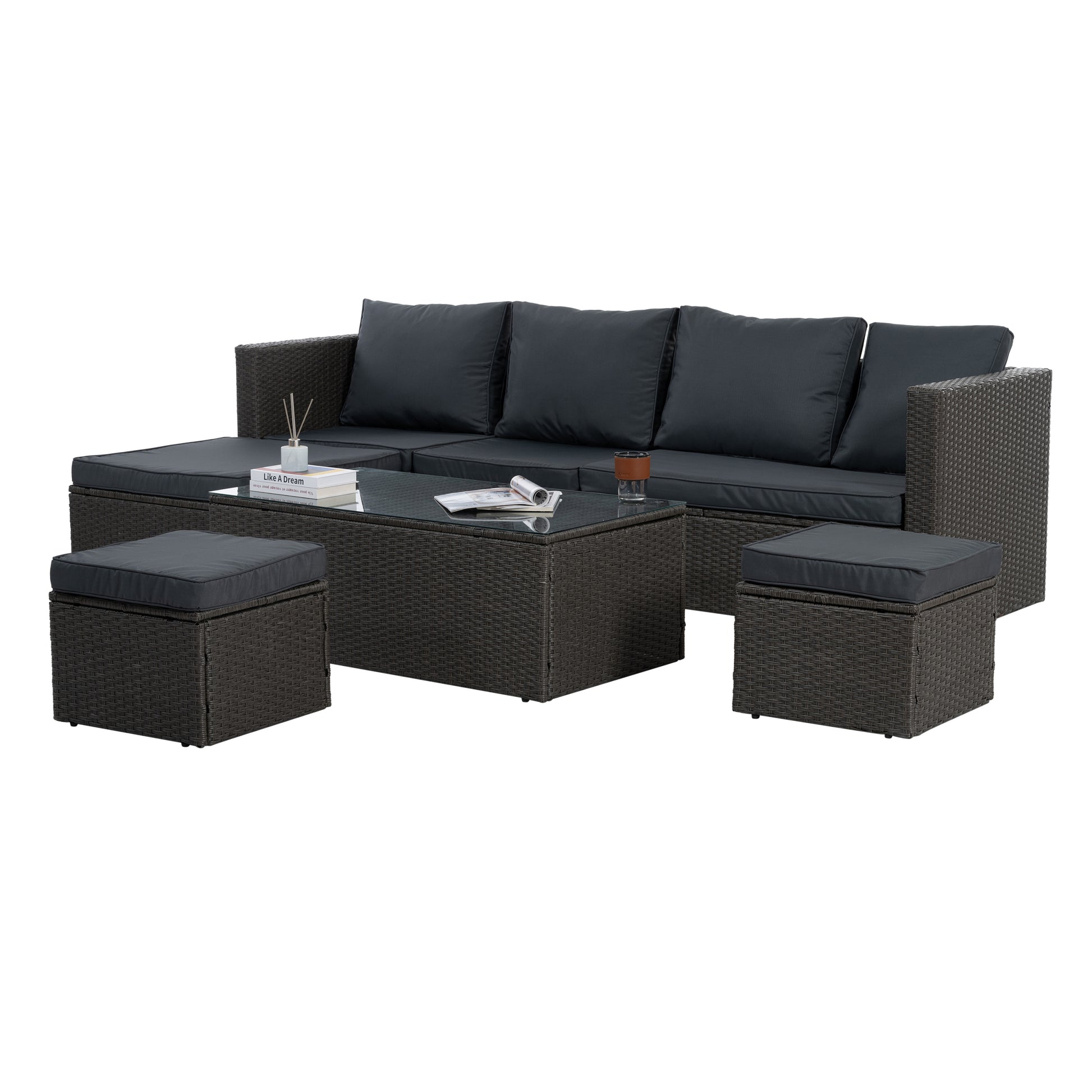 Patio Furniture, Outdoor Furniture, Seasonal Pe Wicker Furniture,7 Pcs Set Wicker Furniture With Lounger Sofa Yes Dark Gray Seats 6 Pe Rattan Iron Waterproof Fabric