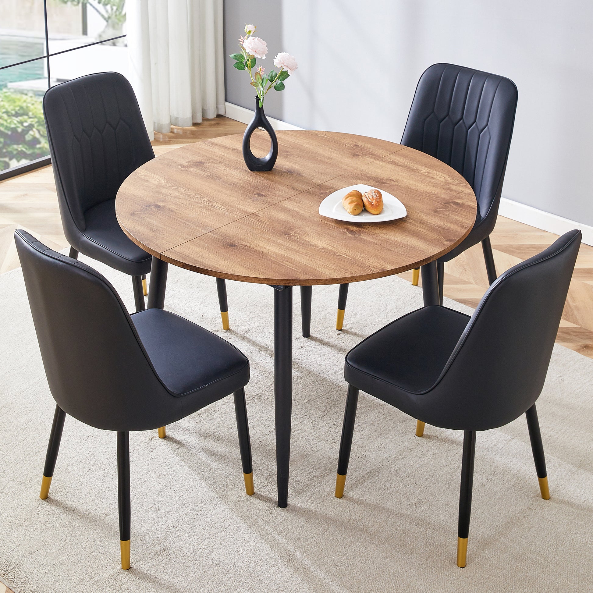 Table And Chair Set.Modern Extendable Wood Mdf Dining Table.The Table Has A Telescopic Design, Suitable For Gatherings Of Different Size.Paried With 4 Chairs With Pu Cushions And Black Metal Legs. Black,Wood Seats 4 Mdf Metal