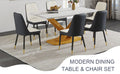 Table And Chair Set.The Table Is Equipped With A Marble Patterned Mdf Tabletop And Gold Table Legs.Paired With 6 White And Dark Gray Spliced Dining Chairs With Pu Cushions And Black Metal Legs. Dark