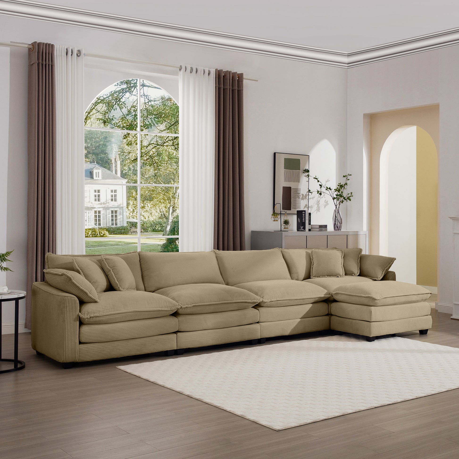 Corduroy Sofa Modern Upholstered 4 Seater With With 1 Footstool Corduroy Fabric Sofaoffice Living Room Apartment Comfort Sofa, Easy To Assemble With 2 Arm Pillows And 4 Throw Pillows Tan Corduroy 4 Seat